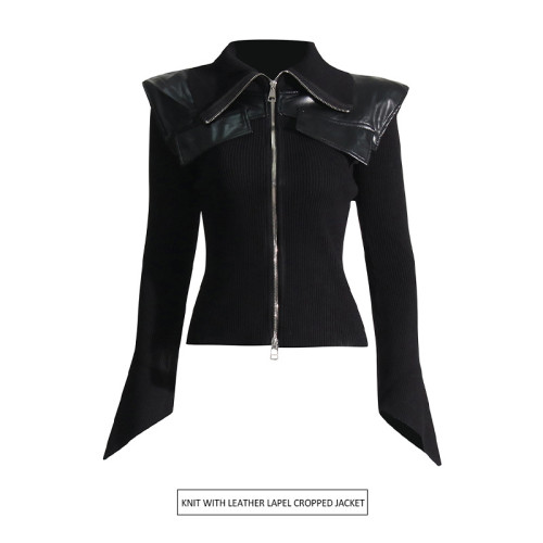 Splicing leather waist for slimming effect, solid color knitted jacket