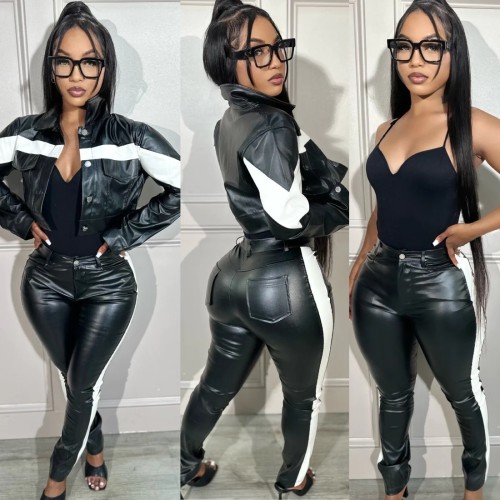 Two piece contrasting breasted flip collar leather pants set