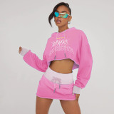 Letter print personalized street hooded short cut with exposed navel and long sleeved hoodie, high waisted and buttocks wrapped skirt set