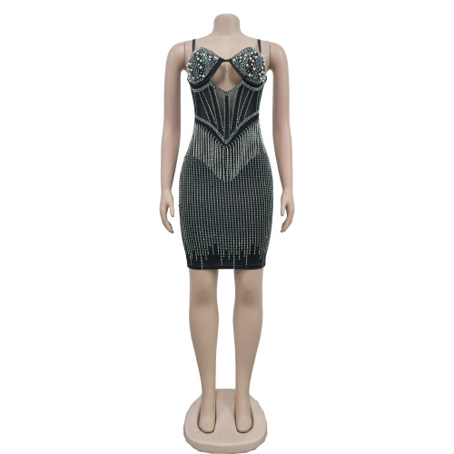Women's solid color mesh hot diamond strap short skirt dress