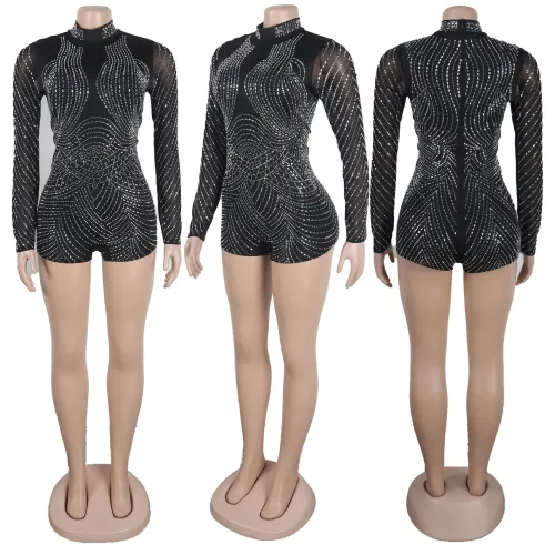 Sexy slim fit hot diamond perspective elastic jumpsuit