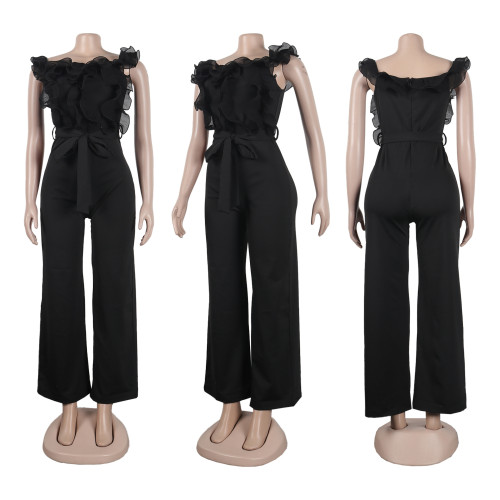 Sexy slim fit lace strap off shoulder wide leg pants jumpsuit