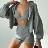 Knitted zippered hooded cardigan sweater V-neck triangular cup chest high waisted tight shorts three piece set