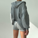 Knitted zippered hooded cardigan sweater V-neck triangular cup chest high waisted tight shorts three piece set