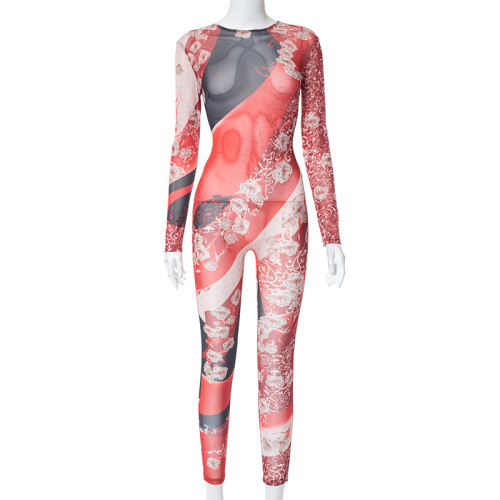 Shang printed long sleeved tight sports jumpsuit