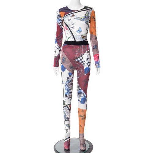 Butterfly printed long sleeved top and pants tight casual suit