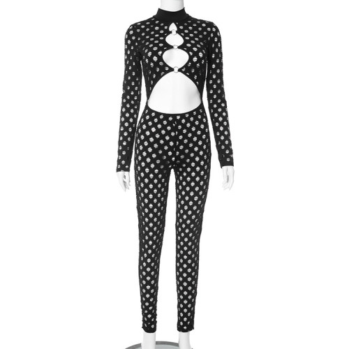 Perforated and hollowed out tight fitting round loop jumpsuit with exposed navel