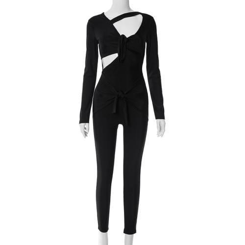 Tight strap bow long sleeved pants jumpsuit