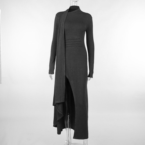 Knitted long sleeved sexy slit slim fit dress