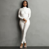 Pleated backless long sleeved tight jumpsuit