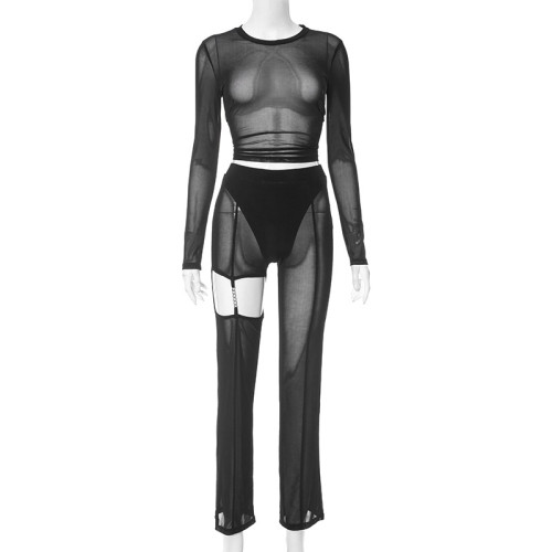 Mesh hollow perspective long sleeved top and pants casual set