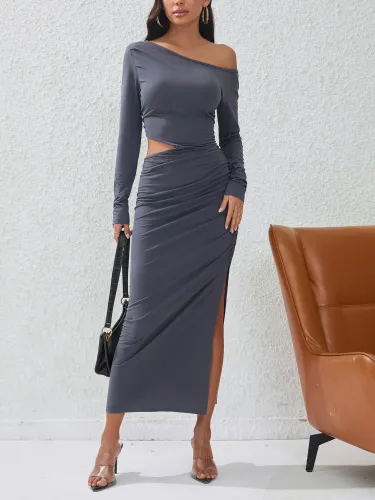 Slim fit sexy hollowed out slit wrapped buttocks mid length party dress