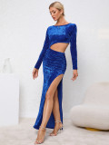 Long sleeved velvet long dress with slit and buttocks wrapped party dress