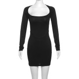 Long sleeved sexy square neckline low cut slim fit wrap hip dress