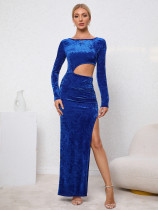 Long sleeved velvet long dress with slit and buttocks wrapped party dress