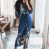 Sexy pleated printed irregular lace up dress