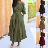 Tie up waist style solid color dress