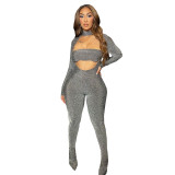 Women's high necked long sleeved sexy hollow out elastic jumpsuit
