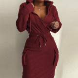 Solid color hooded V-neck top with drawstring tight fitting long skirt set
