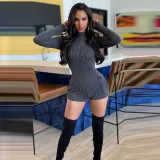 V-neck pocket long sleeved zippered elastic shorts jumpsuit
