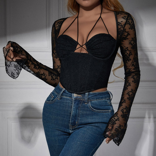 Women's lace perspective sexy slim fit with exposed navel hanging neck spicy girl long sleeved top