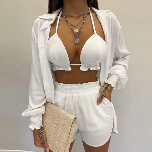 Three piece set of tank top shirt and shorts