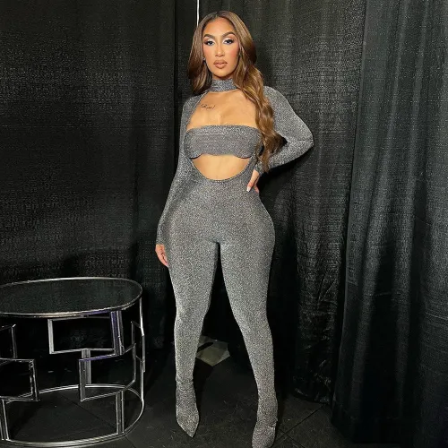 Women's high necked long sleeved sexy hollow out elastic jumpsuit