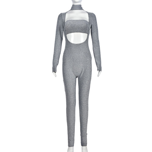 Women's high necked long sleeved sexy hollow out elastic jumpsuit