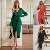 Solid V-neck slit waist long sleeved dress