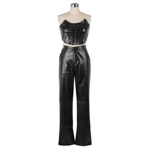 Women's strapless faux leather set, sexy PU two-piece set
