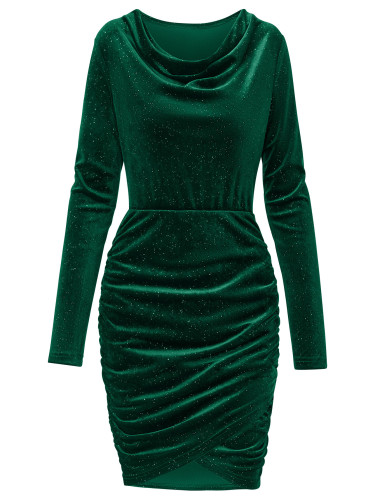 Solid color swing neck long sleeved powder velvet dress