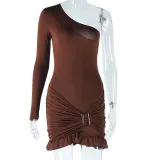 Single shoulder slanted neck tight fitting dress, solid color long sleeved ruffled edge wrapped hip skirt