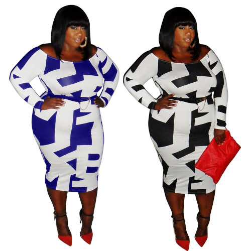 Large size women's long sleeved geometric printed dress