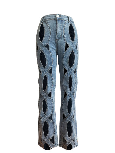 Hollow out loose fitting straight leg jeans