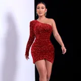 Sequin One Shoulder Long Sleeve Wrapped Hip Dress