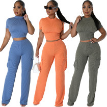 Solid color short sleeved wide leg pants two-piece set