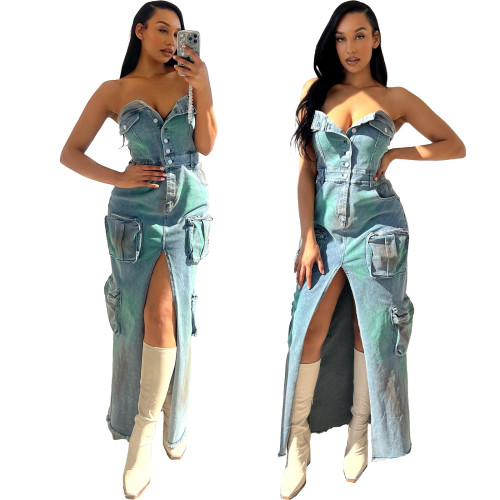 3D pocket sexy strapless strapless tie dye slit work bag dress