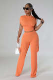 Solid color short sleeved wide leg pants two-piece set