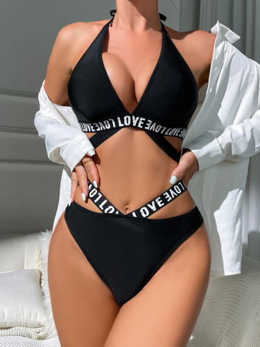 Hollow out backless letter strap three-point fun lingerie set