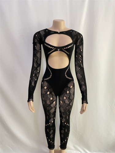 Round necked lace hollowed out slim fitting sexy long sleeved integrated knitted jumpsuit