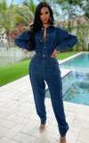 Elastic body, small foot opening, washed denim jumpsuit, jumpsuit