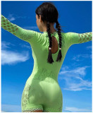 Mesh perspective hollow round neck long sleeved tight fitting jumpsuit shorts