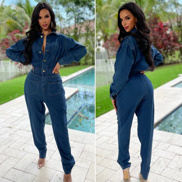 Elastic body, small foot opening, washed denim jumpsuit, jumpsuit