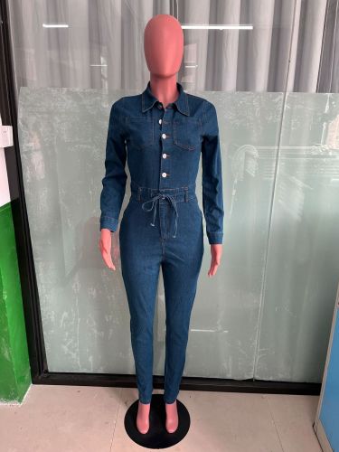 Long sleeved high stretch denim jumpsuit