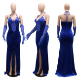 Lace up neck hanging high slit solid color hot diamond dress sexy evening dress with mesh sleeves