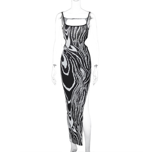 Printed sexy backless hollowed out slit suspender dress