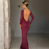 Sexy backless pleated slim fitting solid color dress
