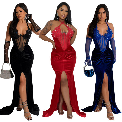 Lace up neck hanging high slit solid color hot diamond dress sexy evening dress with mesh sleeves