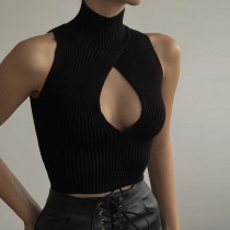 Women's sleeveless hollowed out slim fitting woolen knit vest