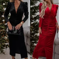 Golden velvet slim fit dress